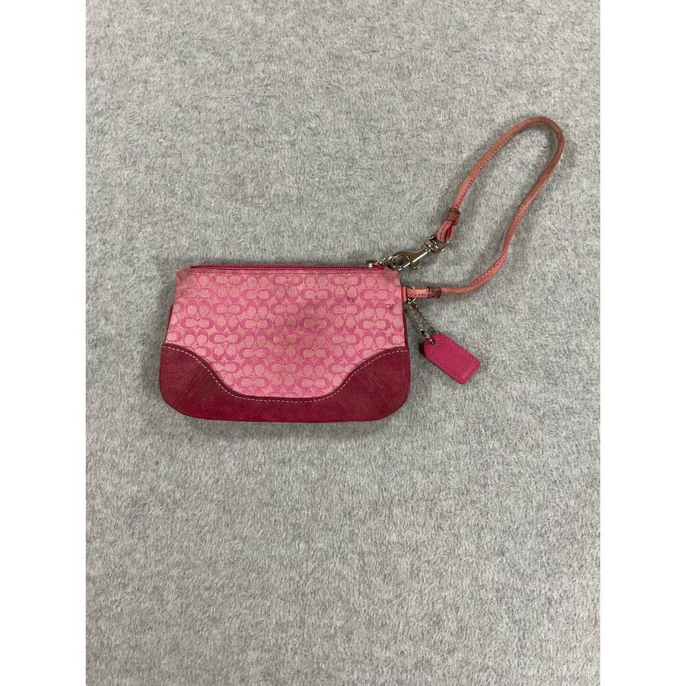 Coach Pink Signature Monogram Suede Trim Wristlet Pouch Bag